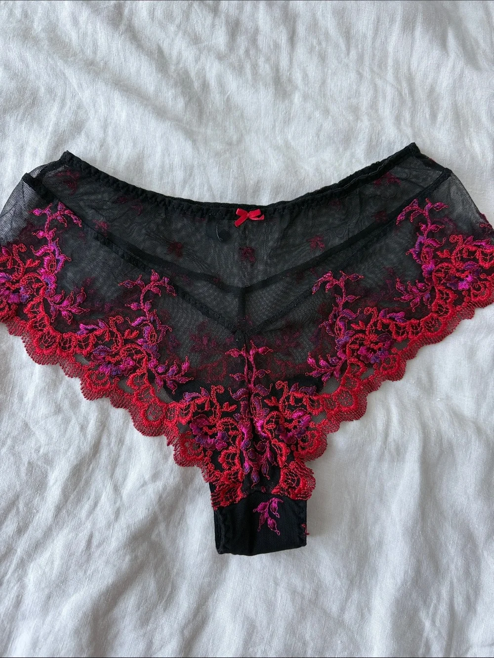 Aubade Black Bra & Sheer Briefs Set with Red and Pink Embroidery